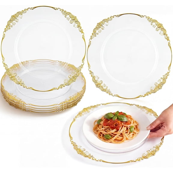 6 Pcs Clear Gold Acrylic Charger Plates, 13" Baroque Embossed Edge Decorative Dinner Plates for Wedding Banquet Party