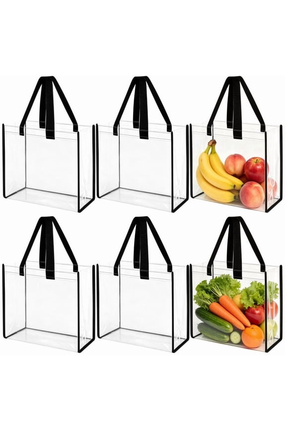 6 Pack Clear PVC Tote Bags - 12x6x12 Inch Transparent Shoulder Bags | Large Capacity Waterproof Tote Bags for Concert , Beach, Shopping & Travel