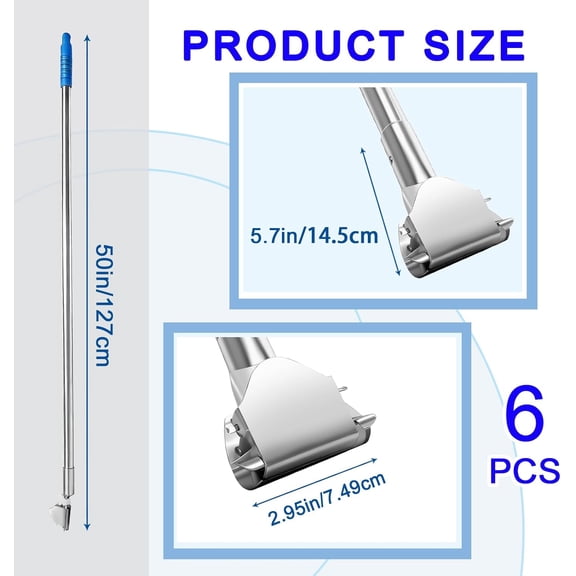 6 Pcs Clip on Dust Mop Handle with Chuck 51.18 Inch Stainless Steel Mop Replacement Stick Laminate Floor Cleaning Supplies for Office Restaurant Bathroom Wood Tile
