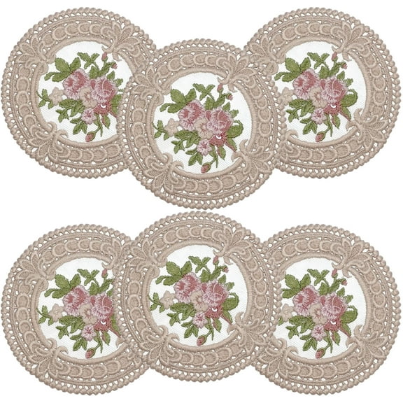 6 Pcs Cloth Coasters for Drinks,Happon Vintage Floral Place Mats, Embroidery Craft Coasters,Heat-Resistant Fabric Tablemat for Wedding Party Decoration