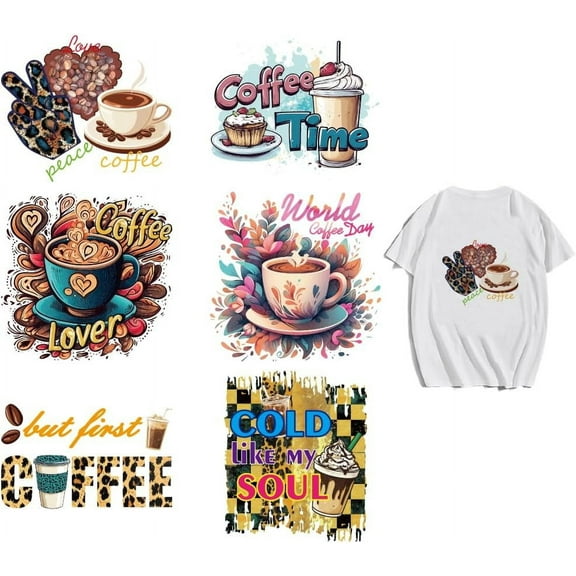 6 Pcs Coffee Theme Iron on Decals Patches Coffee Cup Coffee Beans Dessert Iced Coffee Plastic Heat Transfer Stickers for DIY T-Shirts Bags Clothing DIY Decorations 9inch(23cm) Long