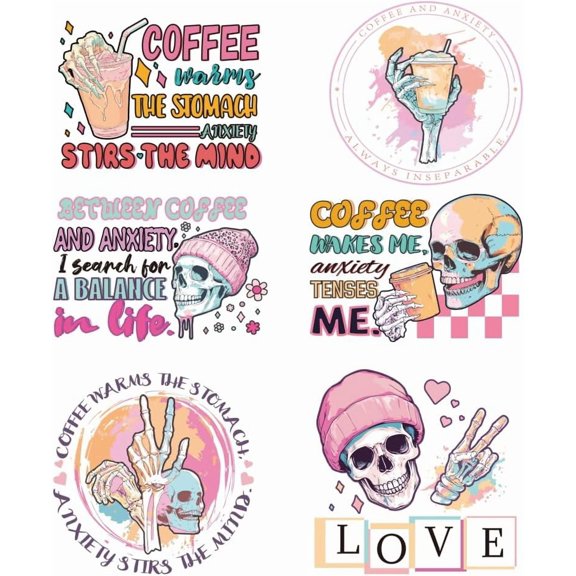 6 Pcs Coffee Theme Iron on Decals PatchesBohemia Coffee Heat Transfer Stickers Plastic Washable Patches for DIY Clothes Decor 8.46inch(21.5cm) Long Clear