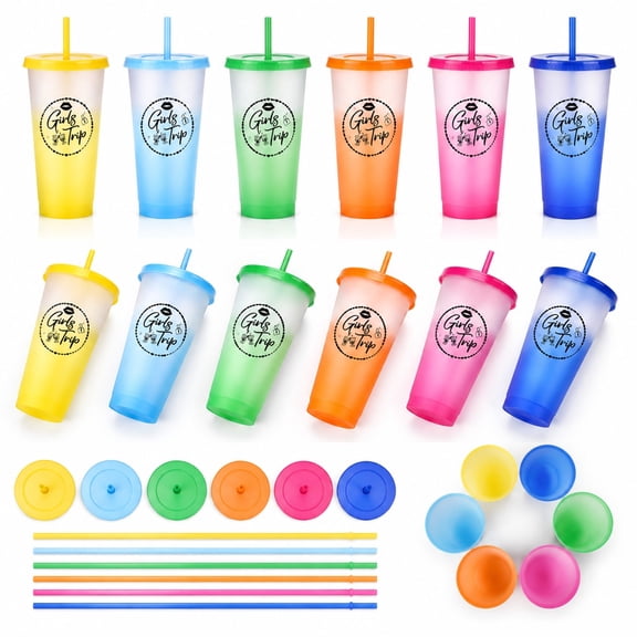 6 Pcs Color Changing Travel Cups with Lids and Straws, Multicolor Reusable Plastic Tumblers for Women, 24 oz Party Cups for Beach Trips, Vacation Gatherings and Celebrations
