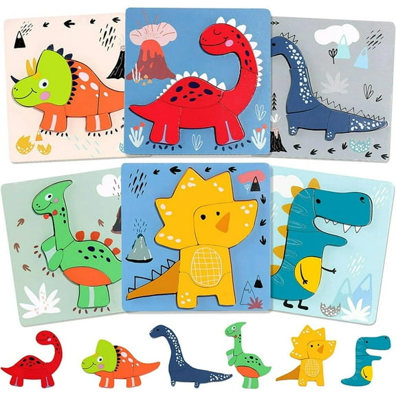 6 Pcs Colorful Dinosaur Shape Wooden Animal Jigsaw Puzzles Baby Educational Toys for Toddler Boys and Girls