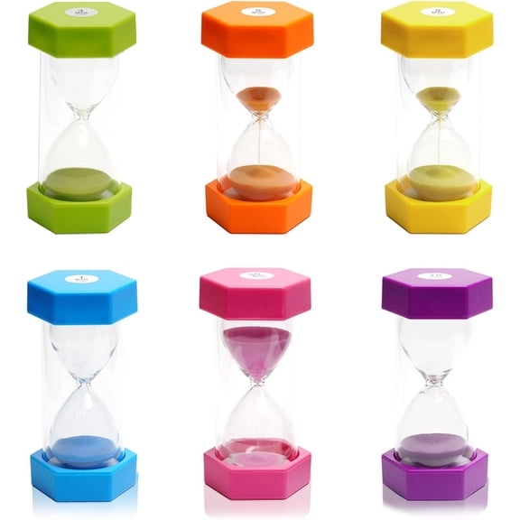6 Pcs Colorful Hourglass Sandglass Timer Sand Clock 1/3/5/10/20/30 Minutes Visual Set for Games Classroom Kids Office Kitchen Decor
