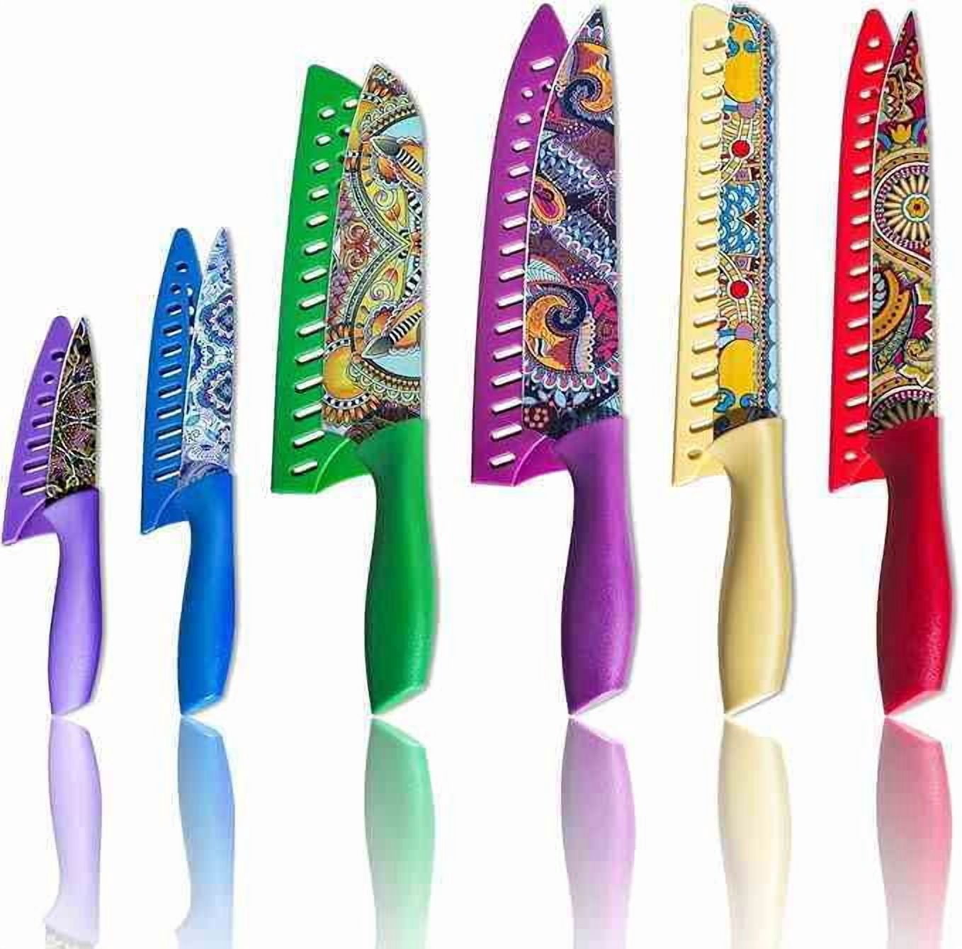 6 Pcs Colorful Kitchen Knife Set with Gift Box, MDHAND Multi-Purpose Cutting Knives with Blade Guards, Premium Stainless Steel Kitchen Cutlery Collection for Home Cooking