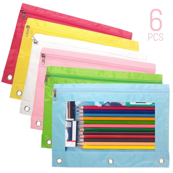 6 Pcs Colorful Oxford Pencil Pouches for 3 Ring Binder, 9.8" x 7.1" Binder Pockets with Clear Visible Window, 3 Reinforced Grommets (6 Colors)