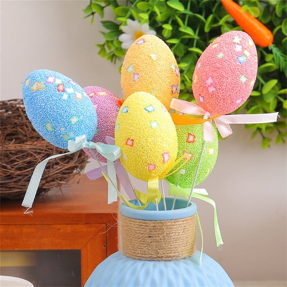 6 Pcs Colorful Patterned Foam Easter Egg Cuttings, Reusable Hanging Ornaments with Ribbons for Easter Tree Decorations, Festive Party Home Scene Layout Supplies