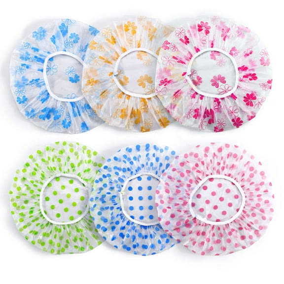 6 Pcs Colorful Shower Cap Reusable Waterproof, Plastic Hair Caps with Elastic Band, Cute Pattern Disposable Hair Cover Hat for Women Man Bathing Conditioner Spa Salon (Dot, Flower)