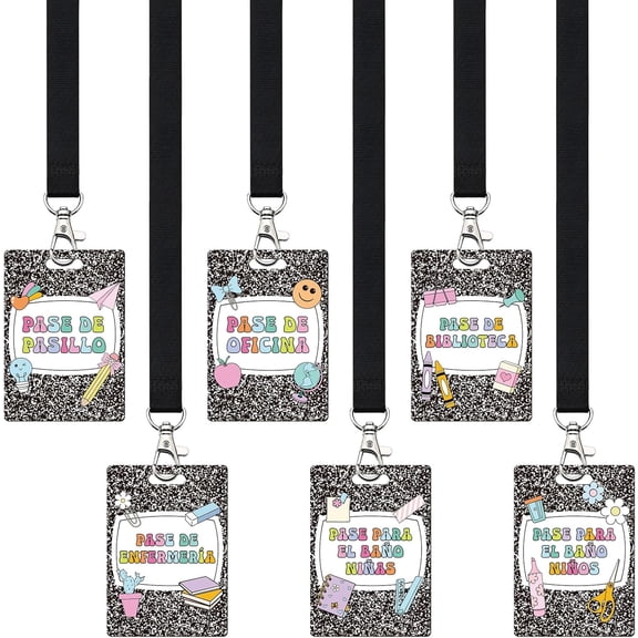 6 Pcs Composition Spanish Hall Pass Lanyards and School Passes Set Wooden Bathroom Passes Cute for Classrooms Hall, Restroom, Library, Office, Nurse School Students Teacher Supplies