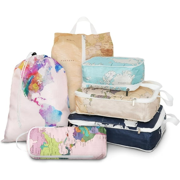 6 Pcs Compression Packing Cubes Travel for Suitcases, Luggage Organizer Nylon Washable Storage Bags Set - Packaging Cubes for Backpack Travel Perfect for Women Clothes Carry-Ons and Storage