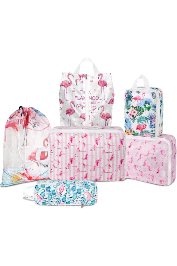 6 Pcs Compression Packing Cubes Waterproof Suitcase Travel Bag Luggage Backpack Organizer Travel Cubes for Packing-Flamingo