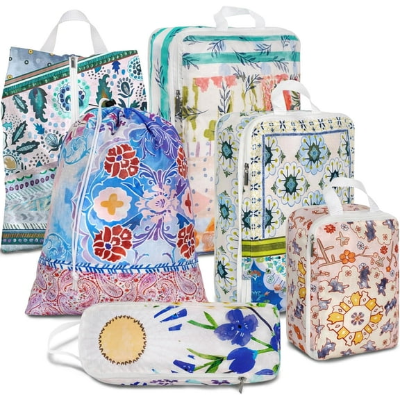 6 Pcs Compression Packing Cubes Waterproof Suitcase Travel Bag Luggage Backpack Organizer Travel Cubes for Packing-Pink and Green Bohemian