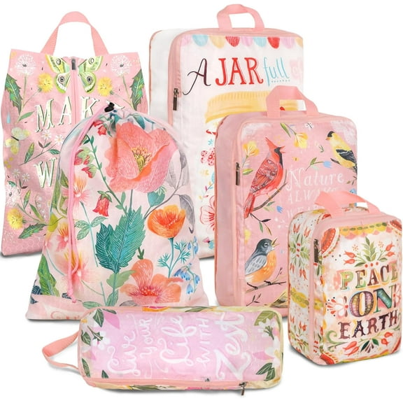 6 Pcs Compression Packing Cubes Waterproof Suitcase Travel Bag Luggage Backpack Organizer Travel Cubes for Packing-Pink and Peach