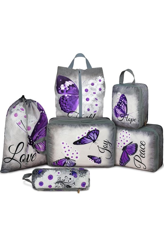 6 Pcs Compression Packing Cubes Waterproof Suitcase Travel Bag Luggage Backpack Organizer Travel Cubes for Packing-Purple Butterfly