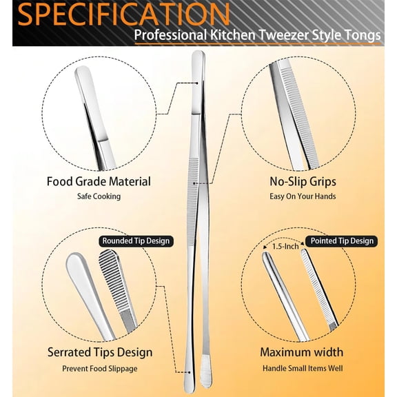 6 Pcs Cooking Tweezer Tongs, 12'' and 6.3" Stainless Steel Kitchen Tweezer Set, Professional Chef Tweezers for Cooking, Repairing, Sea Food, BBQ, Multi-use