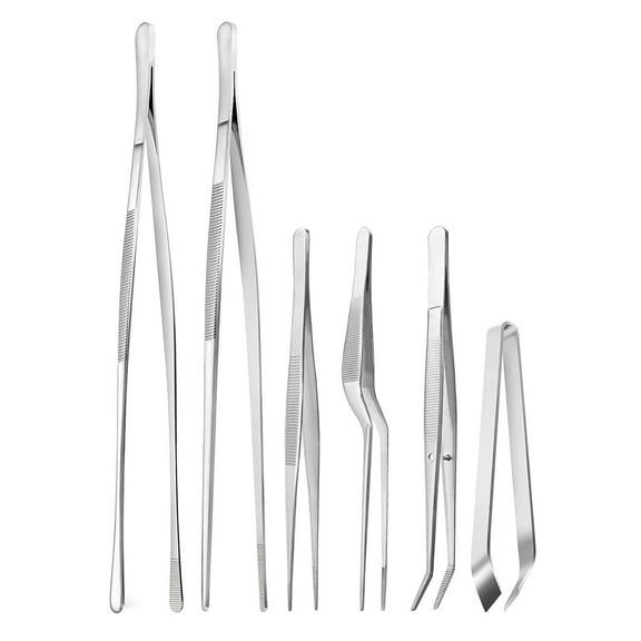 6 Pcs Cooking Tweezer Tongs, 12'' and 6.3" Stainless Steel Kitchen Tweezer Set, Professional Chef Tweezers for Cooking, Repairing, Sea Food, BBQ, Multi-use