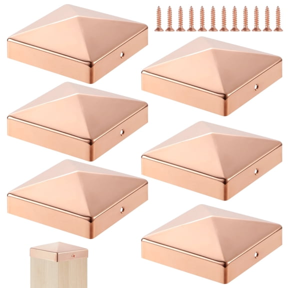 6 Pcs Copper Post Caps, 3.5" x 3.5" Pyramid Caps for Decking Posts, Waterproof Fence Protective Covers with Screws, Post End Toppers for Outdoor Deck, Mailbox, Corridor