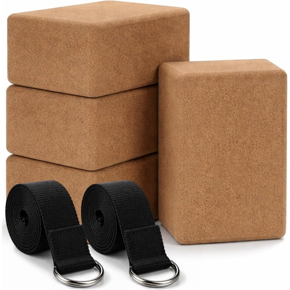 6 Pcs Cork Yoga Blocks with Straps 9 x 6 x 4 Inch Cork Yoga Brick 8.2 FT Strap Non Slip High Density Bricks Exercise Blocks for Physical Stretching Flexibility Balance Fitness Pilates