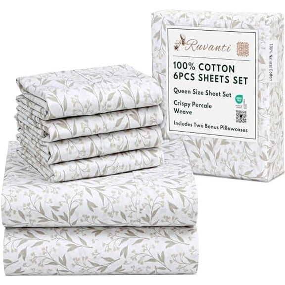 6 Pcs Cotton Sheets - 100% Natural Cotton Soft, Lightweight & Breathable Crispy Percale Bed Sheets, Queen Sheet Set 16" Deep Pockets, Botanica Living