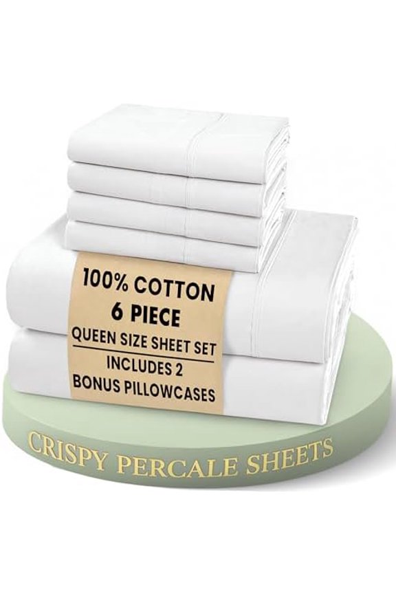 6 Pcs Cotton Sheets - 100% Natural Cotton Soft, Lightweight & Breathable Crispy Percale Bed Sheets, Queen Sheet Set 16" Deep Pockets, Bright White