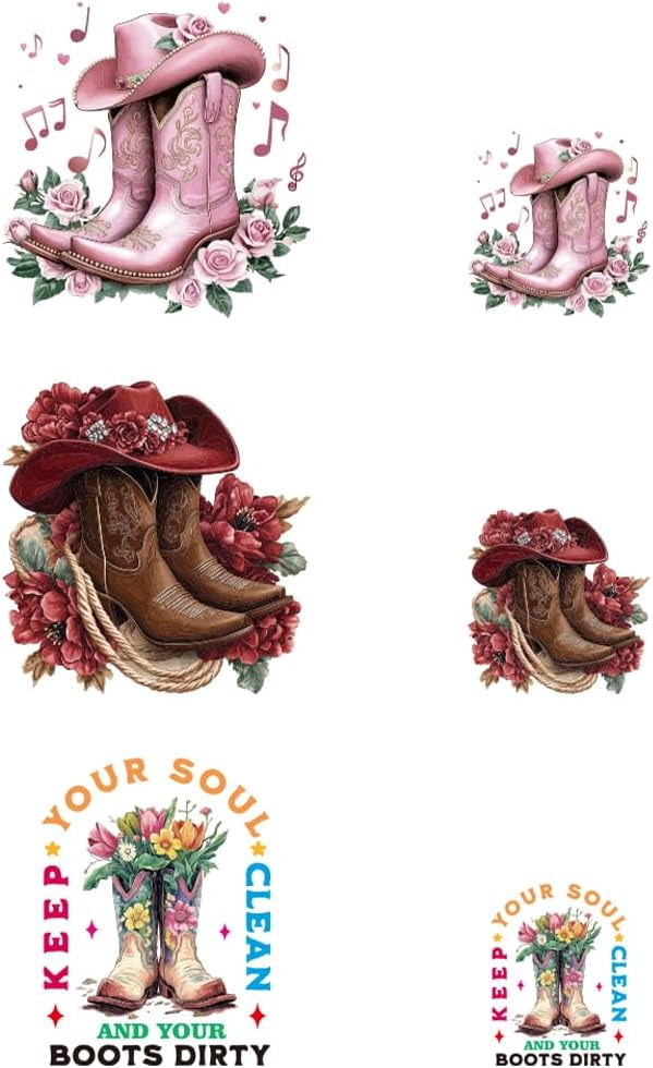 Pink Rodeo Decals 6 Pcs Cowboy Style Iron on Decals Patches Pink Boots Pink Cowboy Hat ...