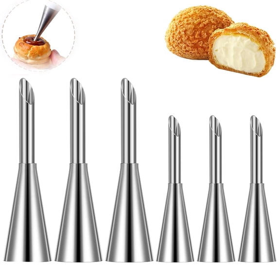 6 Pcs Cream Piping Tips Tutuviw 2 Size Stainless Steel Long Cream Puff Nozzle Decor, Pastry Filling Tip Tool Kit for Decorating Cake and Filling Pastry, Small Pastries Puffs