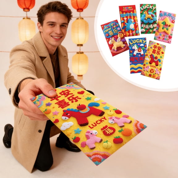 6 Pcs Creative Red Packet Cartoon Horse Red Envelope with Gold Embossed Patterns Chinese Spring Festival Gifts Cute Holiday Decor for Party