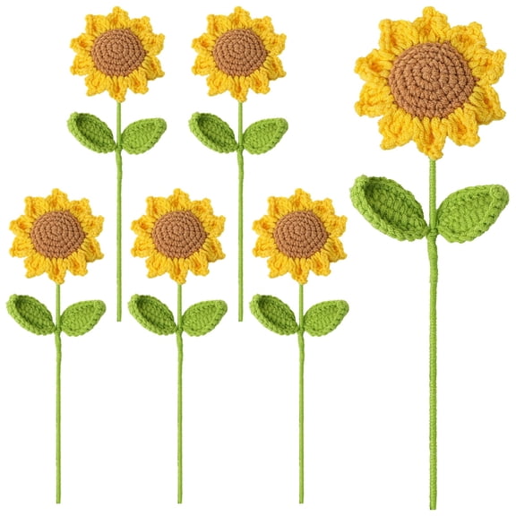 6 Pcs Handmade Crochet Sunflower Bouquet Yellow Yarn Flowers with Green Leaves & Brown Center, 11.8" Stems, Artificial Forever Flowers for Women's Birthday Gifts, Home Dcor & Special Occasions