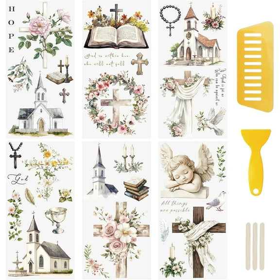 6 Pcs Cross&Church Rub On Transfer Sticker,Bible Stickers Flower Garland Decals for Present Packaging DIY Scrapbooking Photo Albums Furniture,15 * 30cm