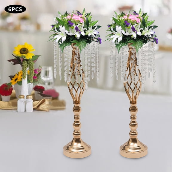 6 Pcs Crystal Flower Stand Wedding Road Lead Tall Flower Holders Centerpiece Crystal Metal Flower Vase for Reception Tables Wedding
