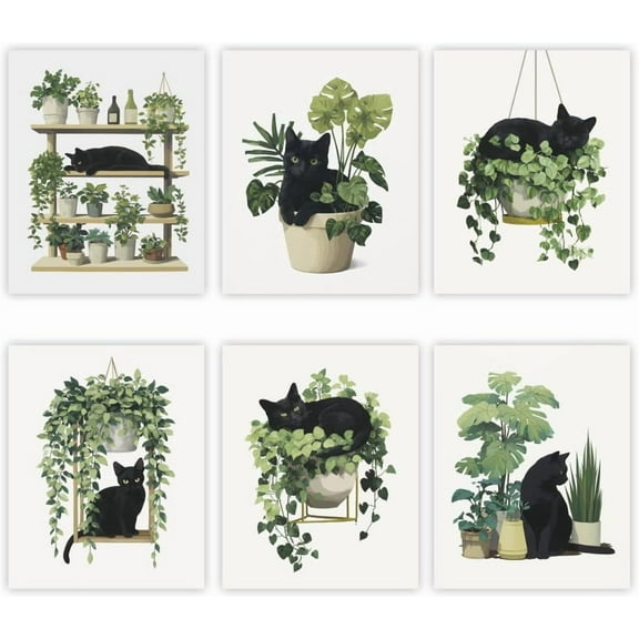 6 Pcs Cute Black Cat Botanical Wall Art Prints Green Plants Boho Wall Poster Minimalist Aesthetic Poster Pictures for Living Room Bedroom Office Home Decorations (8x10 Inch Unframed) Colorful