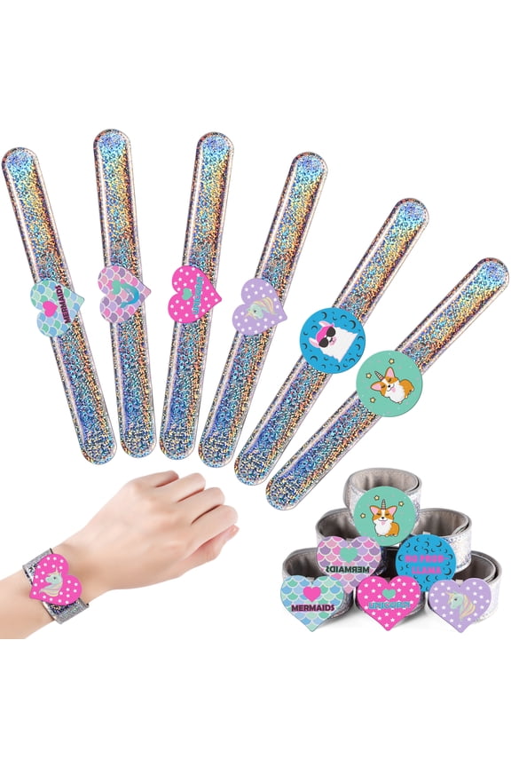 6 Pcs Cute Glitter Slap Bracelets for Kids with Holographic Charms