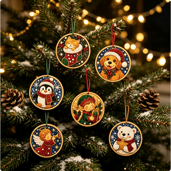 6 Pcs DIY Christmas Diamond Art Painting Hanging Ornaments Kit, Holiday Tree Ornament Set, Stress Relief Hand Craft for Adult Christmas Activity,E Style