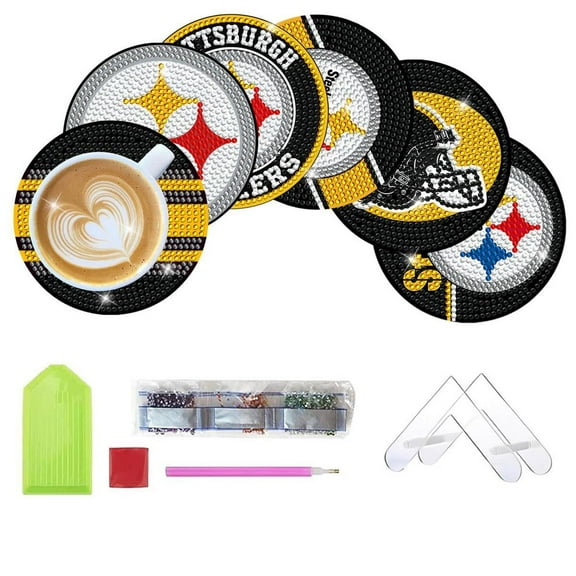 6 Pcs DIY Football-Themed Diamond Art Coasters with Display Stand,Sparkling Rhinestone Craft Kits for Adults, Inspired Handmade Gift Idea