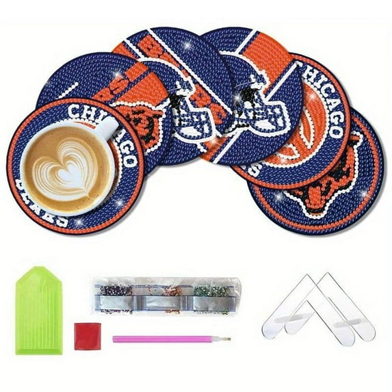 6 Pcs DIY Football-Themed Diamond Art Coasters with Display Stand,Sparkling Rhinestone Craft Kits for Adults, Inspired Handmade Gift Idea