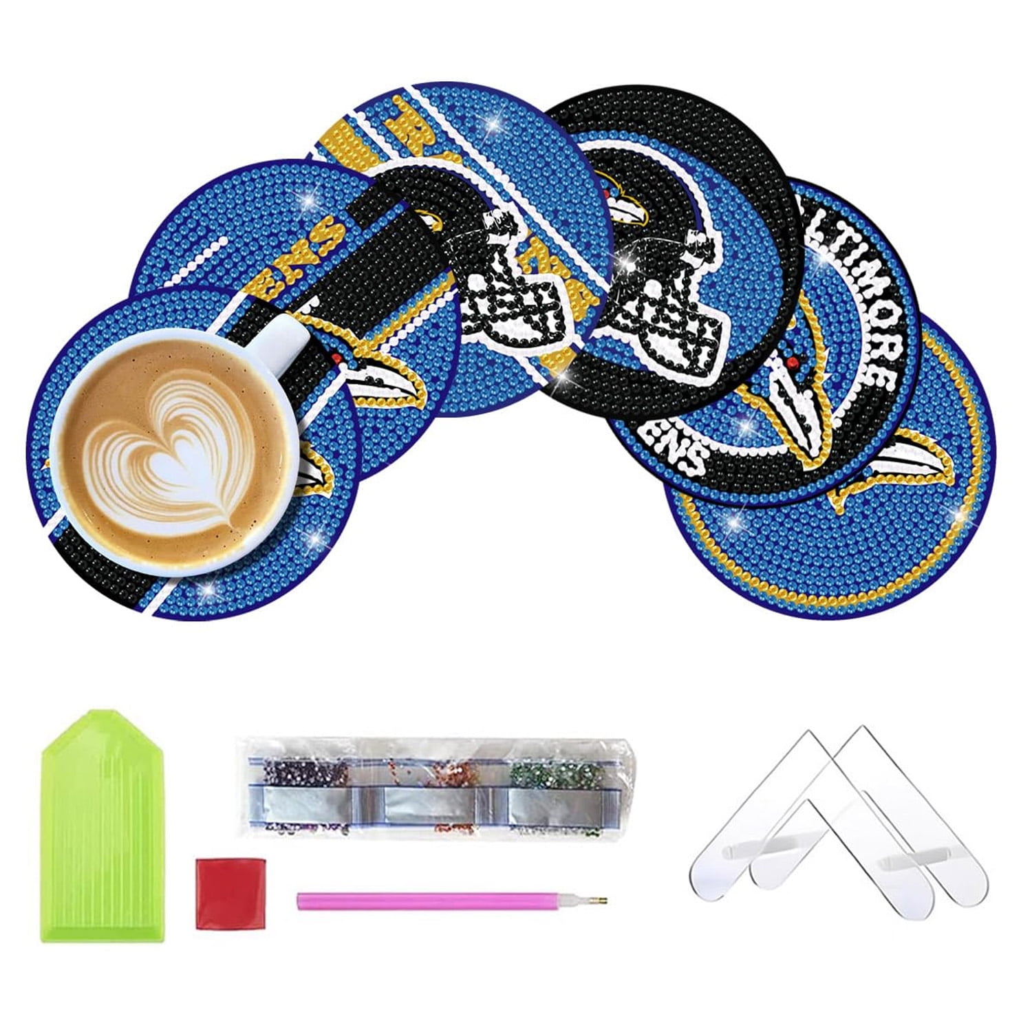 6 Pcs DIY Football-Themed Diamond Art Coasters with Display StandSparkling Rhinestone Craft Kits for Adults, Inspired Handmade Gift Idea