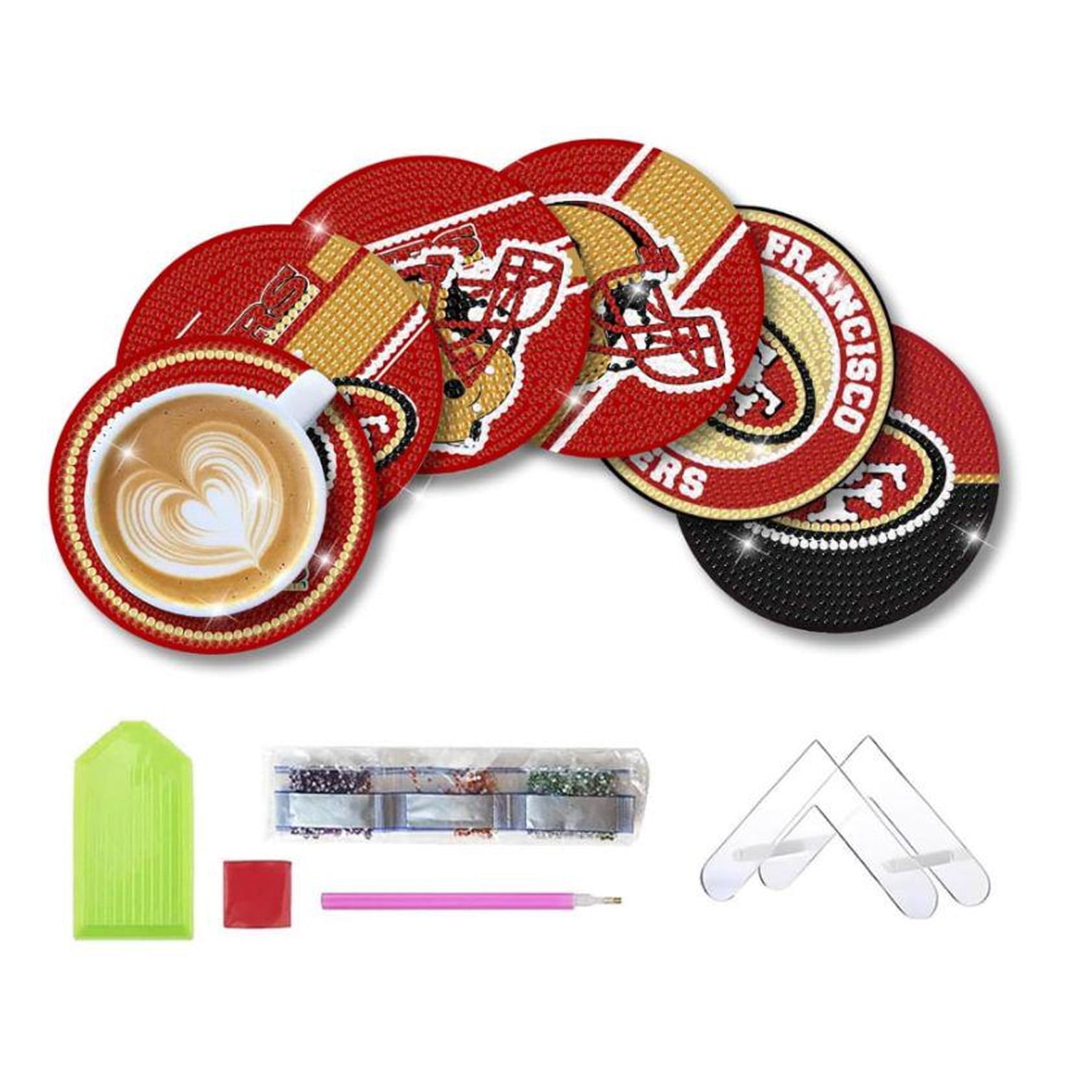 6 Pcs DIY Football-Themed Diamond Art Coasters with Display StandSparkling Rhinestone Craft Kits for Adults, Inspired Handmade Gift Idea