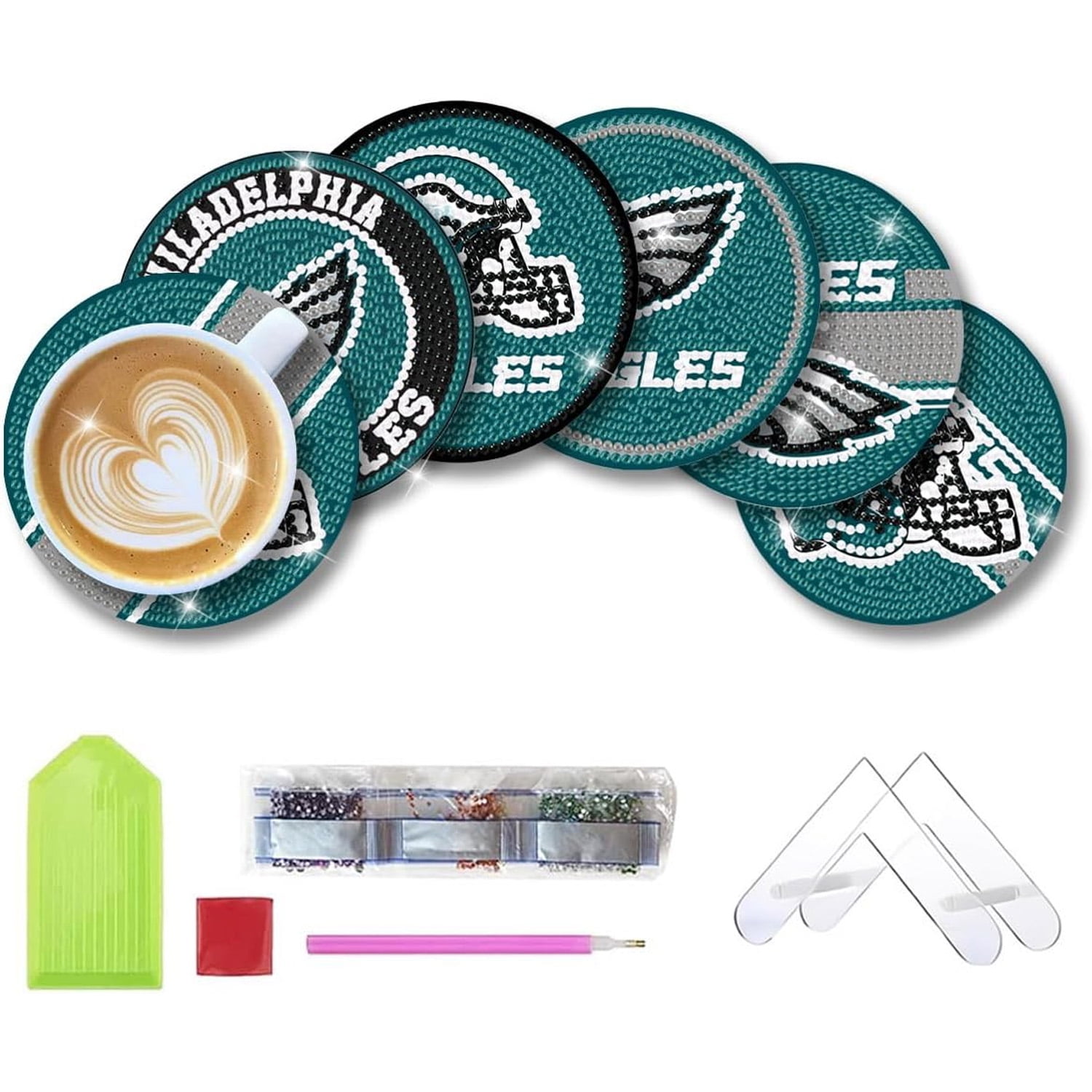 6 Pcs DIY Football-Themed Diamond Art Coasters with Display StandSparkling Rhinestone Craft Kits for Adults, Inspired Handmade Gift Idea