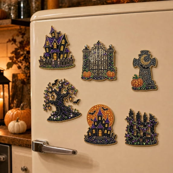 6 Pcs DIY Halloween Pearl Diamond Art Painting Fridge Magnet,Pearl Art Magnetic Sticker Craft Kit for Adults & Beginners, Refrigerator Whiteboard Kitchen Home Decor & Spooky Gift,B