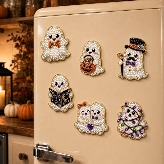 6 Pcs DIY Halloween Pearl Diamond Art Painting Fridge Magnet,Pearl Art Magnetic Sticker Craft Kit for Adults & Beginners, Refrigerator Whiteboard Kitchen Home Decor & Spooky Gift,F