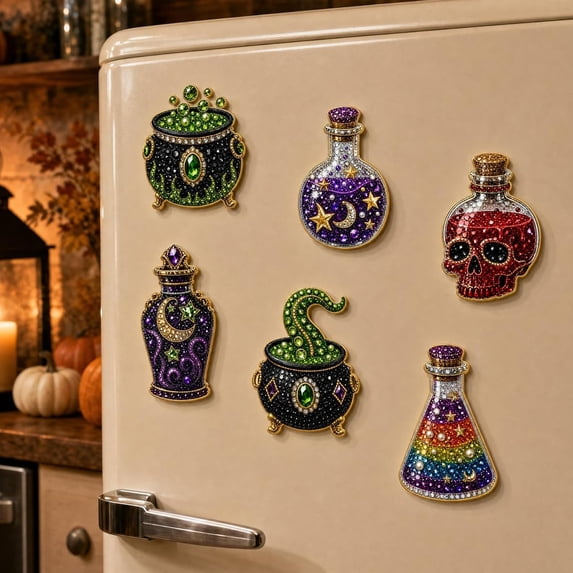 6 Pcs DIY Halloween Pearl Diamond Art Painting Fridge Magnet,Pearl Art Magnetic Sticker Craft Kit for Adults & Beginners, Refrigerator Whiteboard Kitchen Home Decor & Spooky Gift,C