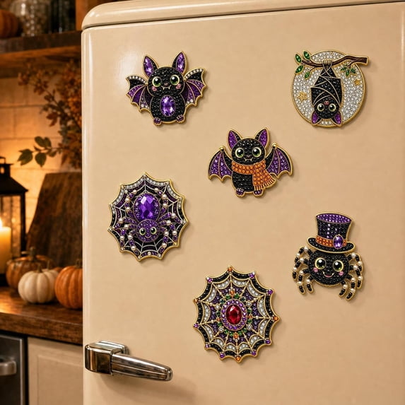 6 Pcs DIY Halloween Pearl Diamond Art Painting Fridge Magnet,Pearl Art Magnetic Sticker Craft Kit for Adults & Beginners, Refrigerator Whiteboard Kitchen Home Decor & Spooky Gift,D
