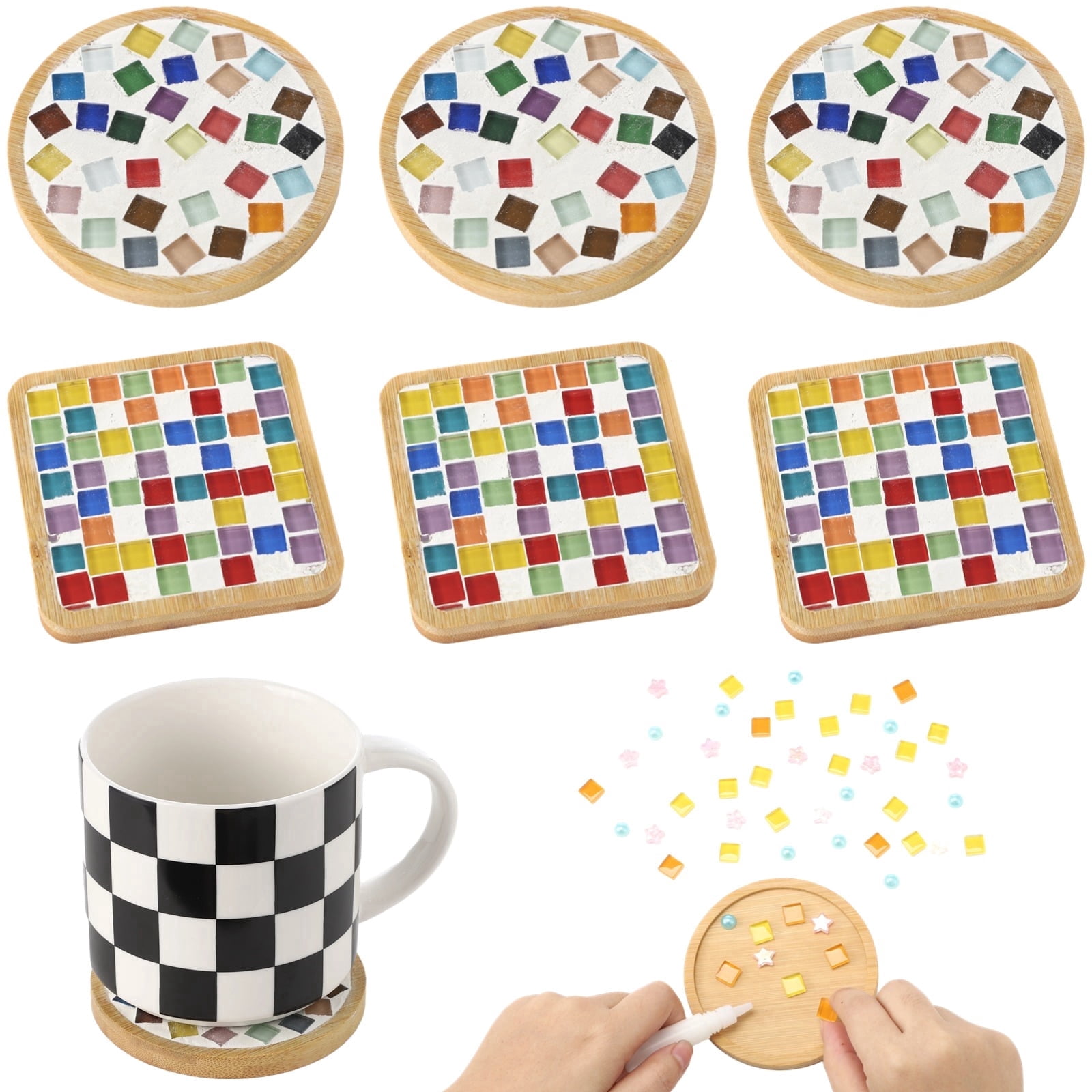 DIY Mosaic Art Coaster Kit - 6 Pack Round & Square Wood Base with Mixed Color Glass Tiles, Grout & Tools, Craft Set for Adults, Teens & Family