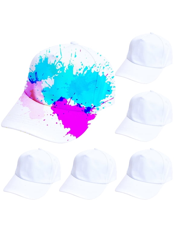 6 Pcs DIY White Baseball Caps, Blank Tie-Dye Hat Kit, Customizable Cotton Caps for Men and Women, 22.8" Circumference, Ideal for Customization and Art Projects
