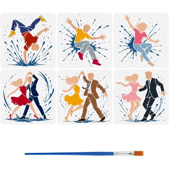 6 Pcs Dancing Characters Painting Stencil with Brush 11.8x11.8inch 6 Styles Dancing Partner Template Graffiti Water Splashes Drawing Template