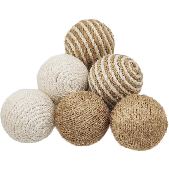 6 Pcs Decorative Balls for Bowls, Decorative Ball Set of 6pcs 2.5inch Natural Handmade Jute & Cotton Orbs Balls Rattan Decorative - Mix Beige & White Textured Rattan Decor Ball for Vase Fillers