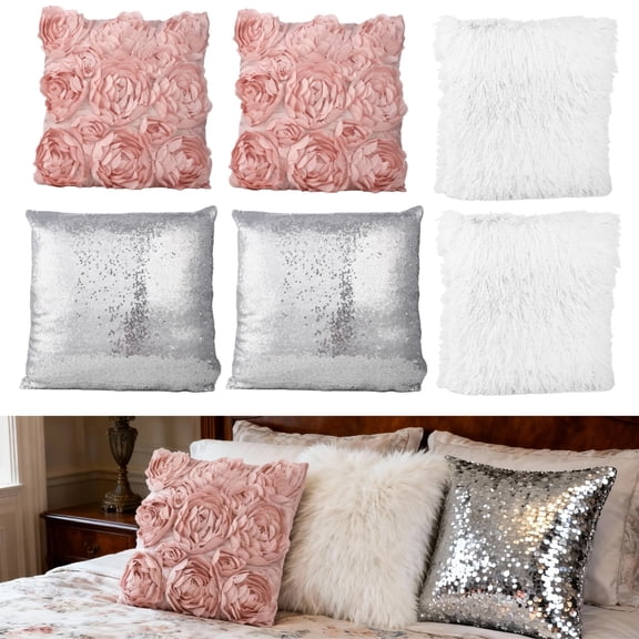 6 Pcs Decorative Pillow Covers, Square Throw Pillow Cases, Including White Fur, Silver Sequin, and 3D Pink Rose, Zippered Soft Cushion Covers for Sofa, Bed, Car, Chair