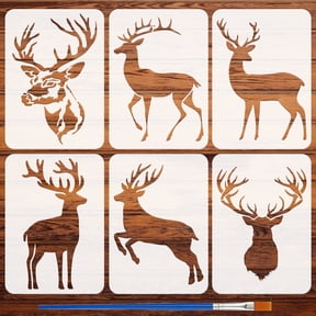 6 Pcs Deer Head Painting Stencil with Brush 8.3x11.7inch Deer Silhouette Pattern Drawing Template Animal Theme DIY Decoration Stencil