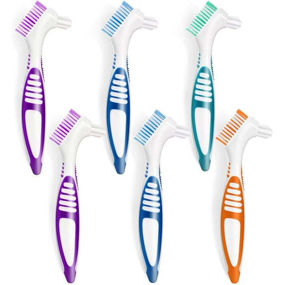6 Pcs Denture Brush Set for False Teeth, Denture Toothbrushes with Double Sided Design, Denture Cleaning Brush with Multi-Layered Soft Bristles and Rubber Anti-Slip Handle, 4 Colors